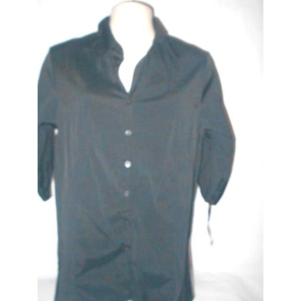 DCC Stretch Button Front Top Blouse Women's Size 14/16 Black Short Tie Sleeve